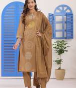 Dark Beige Embroidered Cotton Suit Set with Dupatta