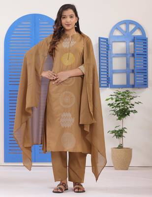 Dark Beige Embroidered Cotton Suit Set with Dupatta 2