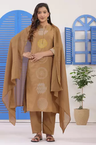 Dark Beige Embroidered Cotton Suit Set with Dupatta
