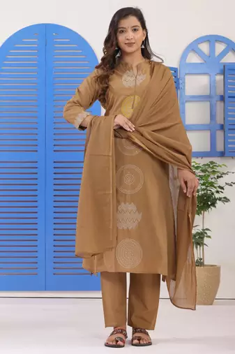 Dark Beige Embroidered Cotton Suit Set with Dupatta