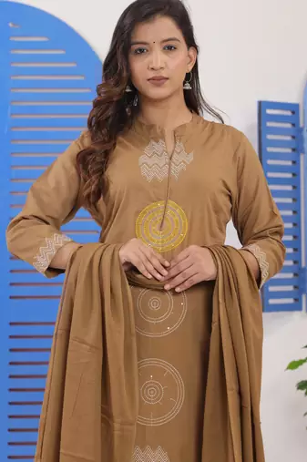 Dark Beige Embroidered Cotton Suit Set with Dupatta