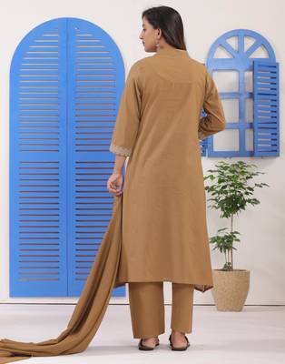 Dark Beige Embroidered Cotton Suit Set with Dupatta 5