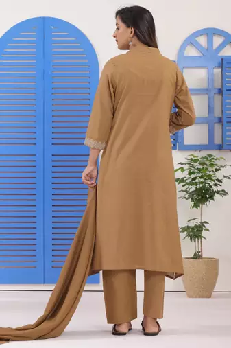 Dark Beige Embroidered Cotton Suit Set with Dupatta