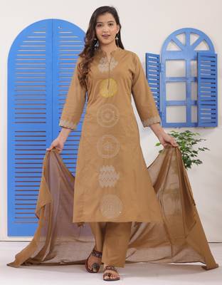 Dark Beige Embroidered Cotton Suit Set with Dupatta 6