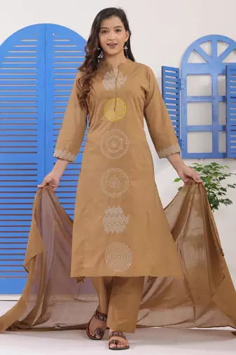 Dark Beige Embroidered Cotton Suit Set with Dupatta