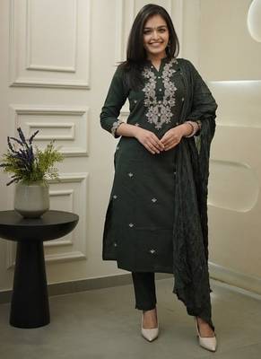 Dark Green Embroidered Cotton Suit Set with Dupatta 1