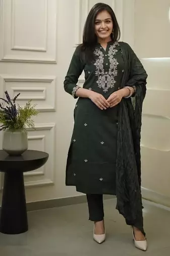 Dark Green Embroidered Cotton Suit Set with Dupatta