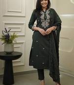 Dark Green Embroidered Cotton Suit Set with Dupatta