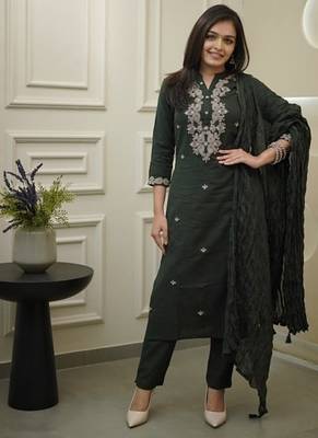 Dark Green Embroidered Cotton Suit Set with Dupatta 2