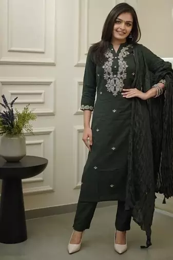 Dark Green Embroidered Cotton Suit Set with Dupatta