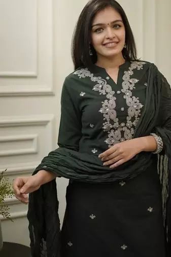 Dark Green Embroidered Cotton Suit Set with Dupatta