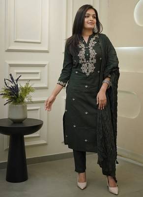 Dark Green Embroidered Cotton Suit Set with Dupatta 5