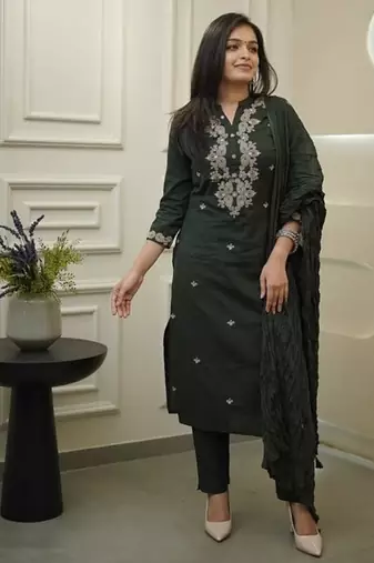 Dark Green Embroidered Cotton Suit Set with Dupatta
