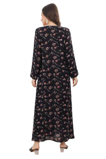 Floral printed a-line jalabiya with threadwork