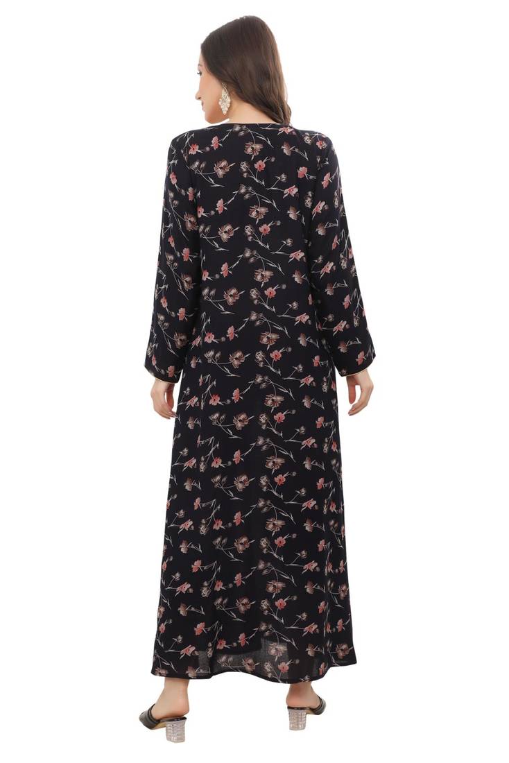 Floral printed a-line jalabiya with threadwork