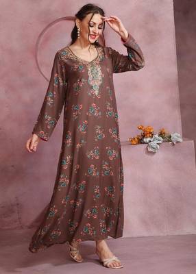 Floral printed a-line jalabiya with threadwork 1