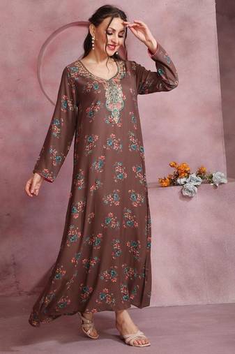 Floral printed a-line jalabiya with threadwork
