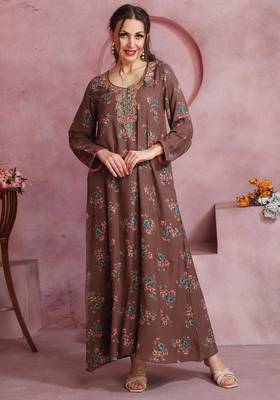 Floral printed a-line jalabiya with threadwork 3