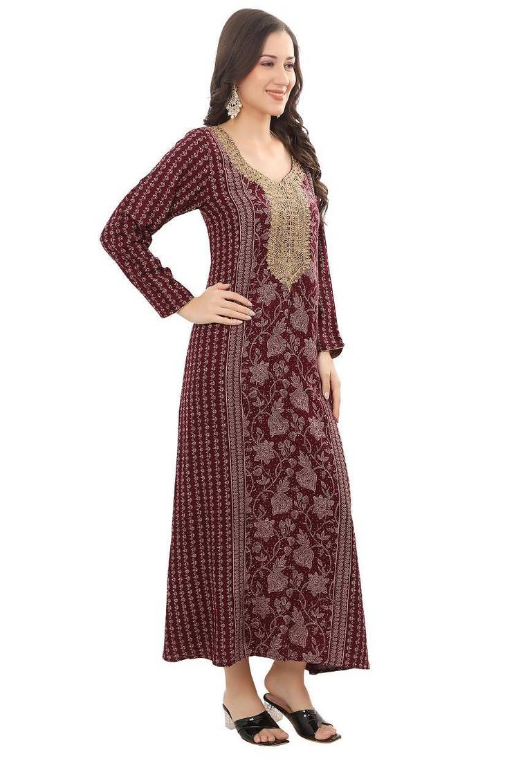 Floral printed a-line jalabiya with threadwork