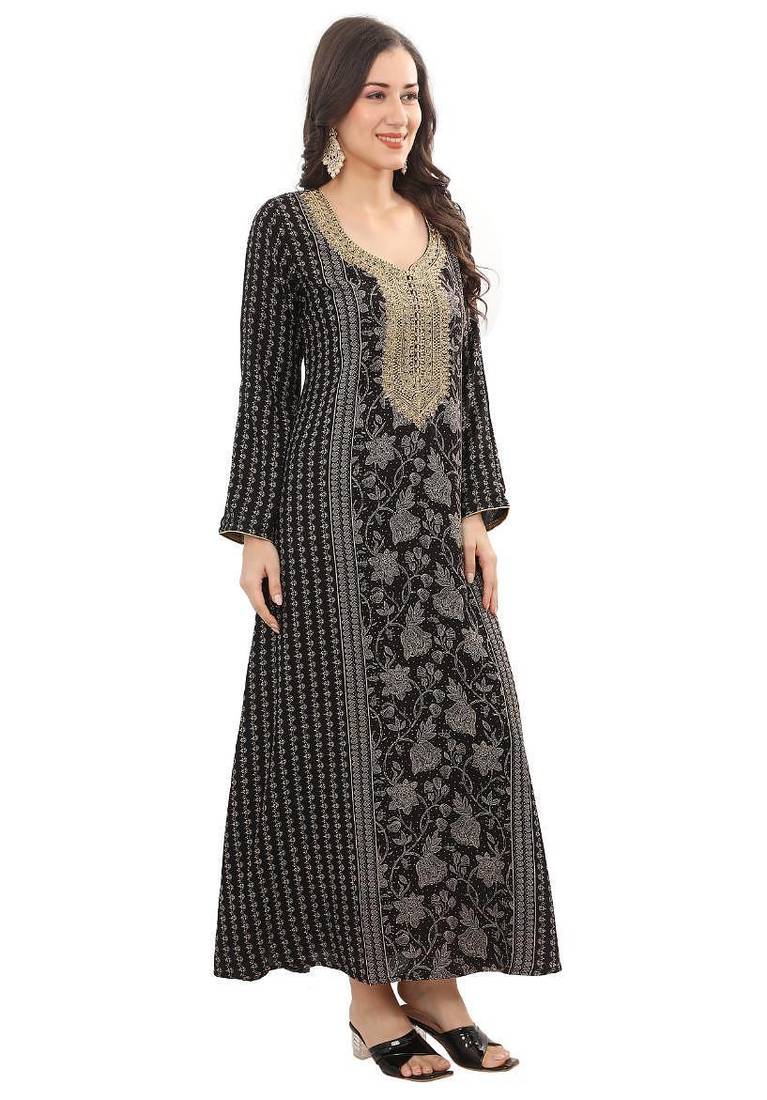 Floral printed a-line jalabiya with threadwork