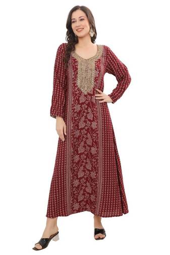 Floral printed a-line jalabiya with threadwork