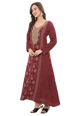 Floral printed a-line jalabiya with threadwork 2