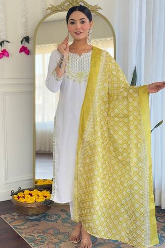 Women's Beautiful Viscose Embroidery work Straight Kurta with Pant and Dupatta Set