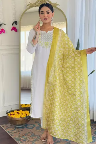 Women's Beautiful Viscose Embroidery work Straight Kurta with Pant and Dupatta Set