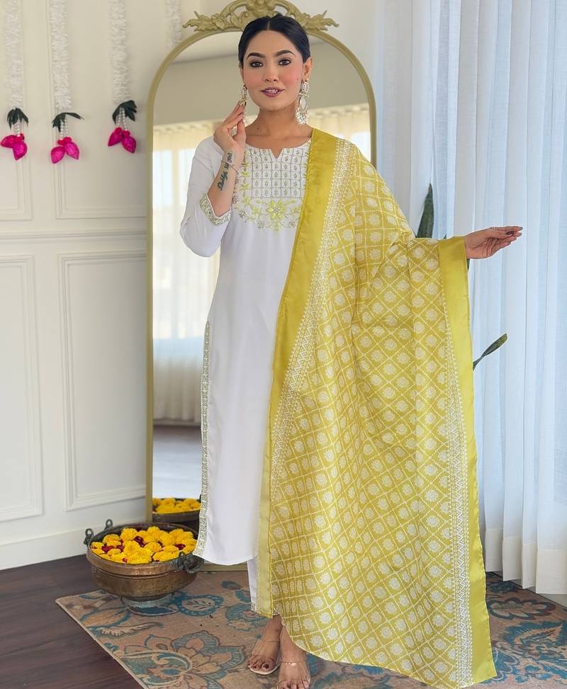 Women's Beautiful Viscose Embroidery work Straight Kurta with Pant and Dupatta Set