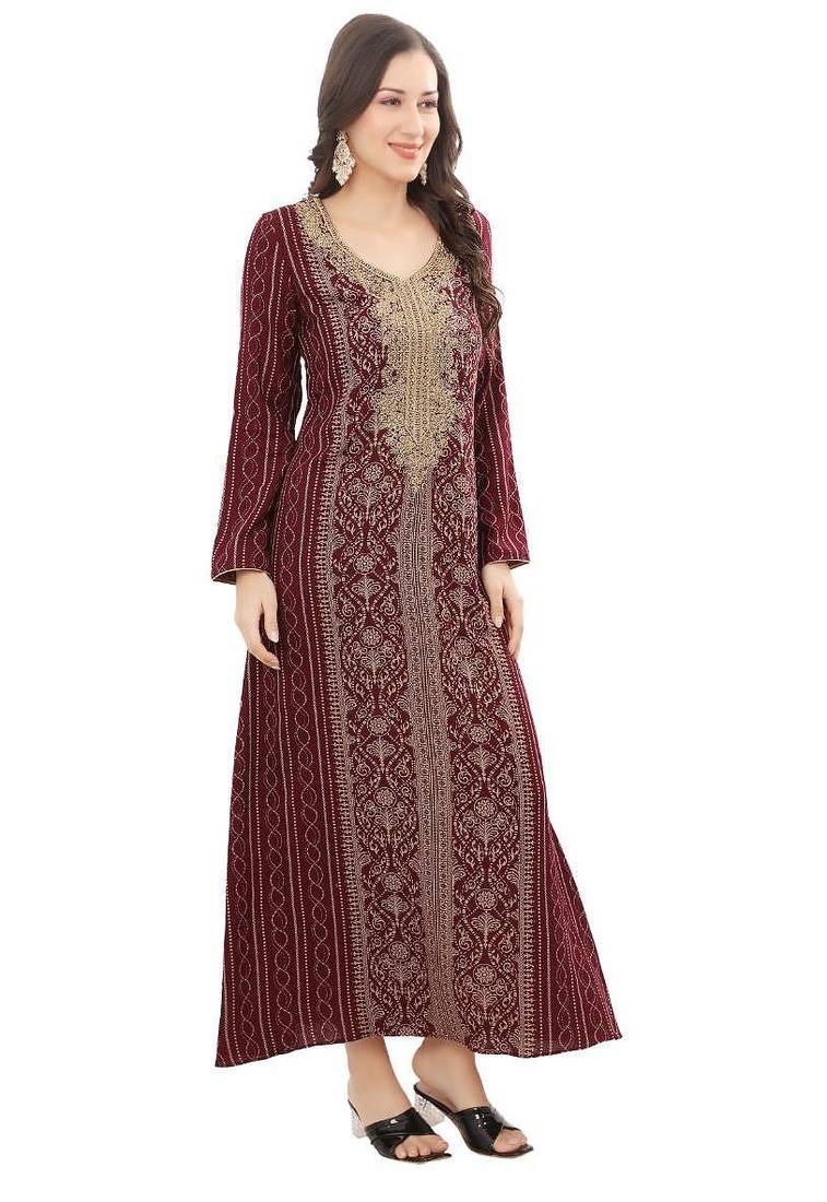 Floral printed a-line jalabiya with threadwork