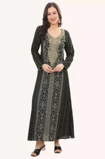 Floral printed a-line jalabiya with threadwork
