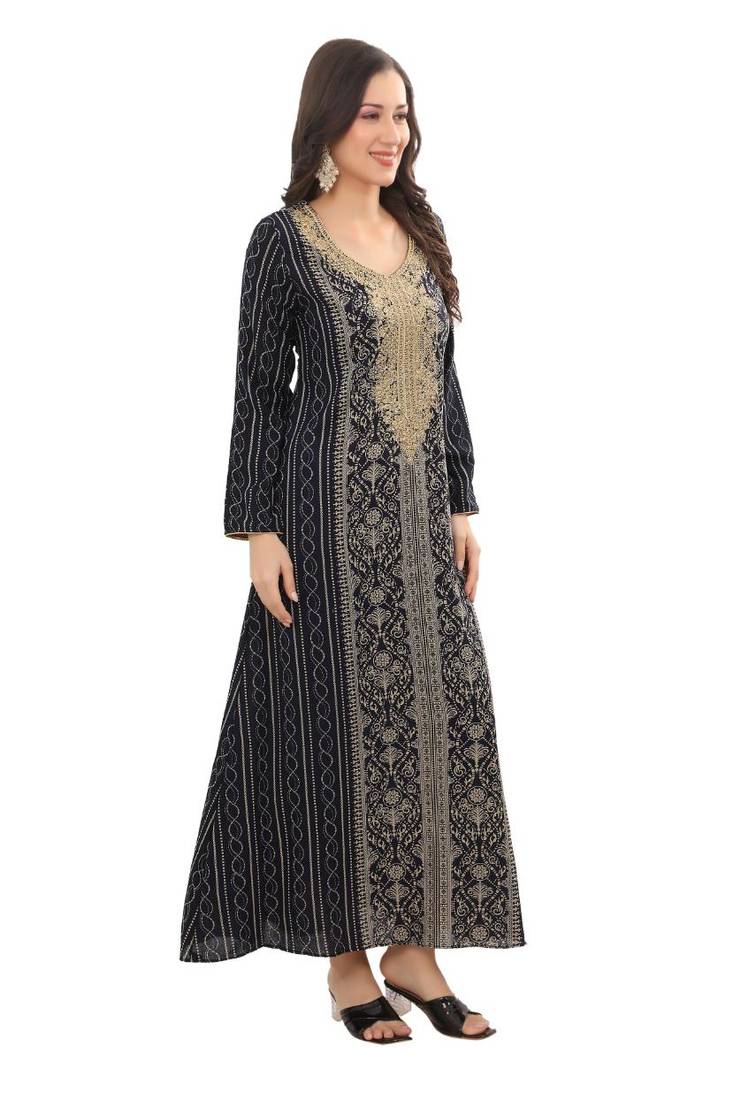 Floral printed a-line jalabiya with threadwork