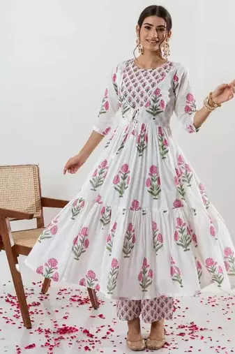 White Floral Printed Cotton Suit Set