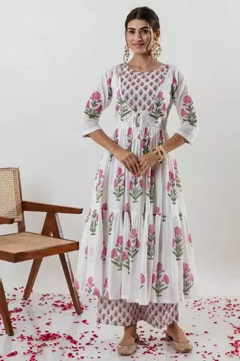 White Floral Printed Cotton Suit Set