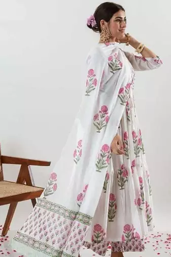 White Floral Printed Cotton Suit Set