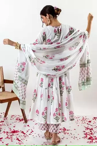 White Floral Printed Cotton Suit Set