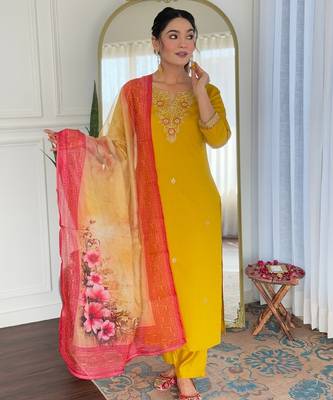  Rayon Embroidery work Straight Kurta with Pant and Dupatta Set 1