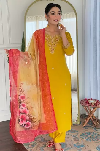 Women's Beautiful Rayon Embroidery work Straight Kurta with Pant and Dupatta Set