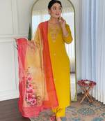 Women's Beautiful Rayon Embroidery work Straight Kurta with Pant and Dupatta Set