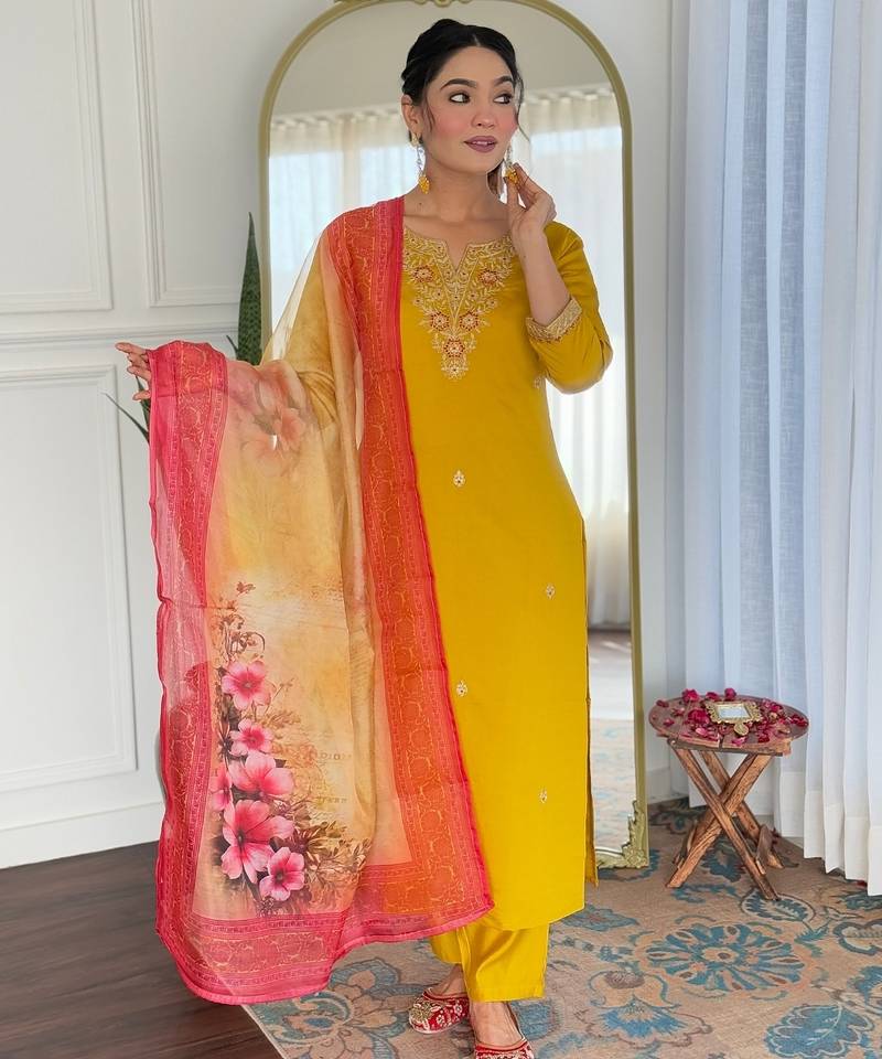 Women's Beautiful Rayon Embroidery work Straight Kurta with Pant and Dupatta Set