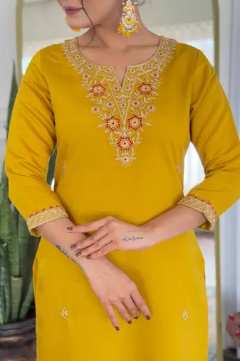  Rayon Embroidery work Straight Kurta with Pant and Dupatta Set