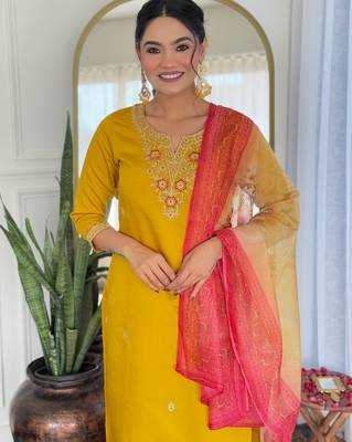  Rayon Embroidery work Straight Kurta with Pant and Dupatta Set 4