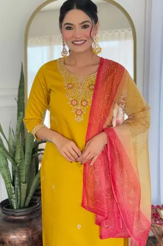  Rayon Embroidery work Straight Kurta with Pant and Dupatta Set