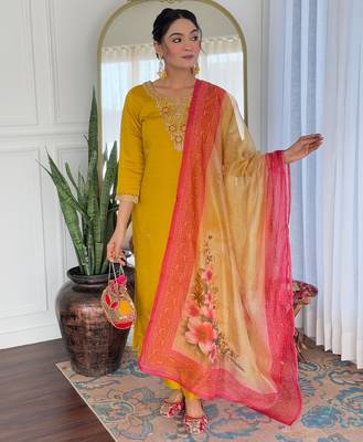 Rayon Embroidery work Straight Kurta with Pant and Dupatta Set 5