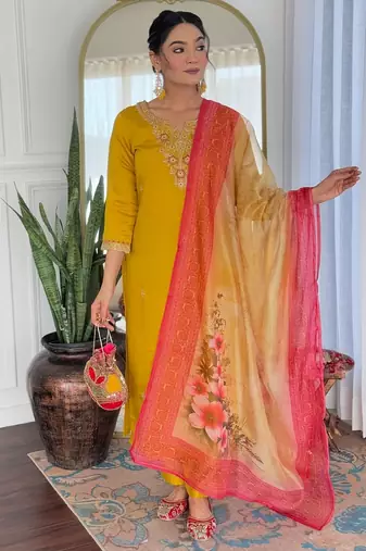 Rayon Embroidery work Straight Kurta with Pant and Dupatta Set
