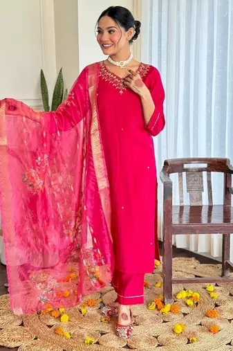 Women's Beautiful Viscose Embroidery work Straight Kurta with Pant and Dupatta Set