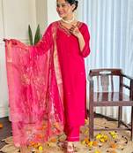 Women's Beautiful Viscose Embroidery work Straight Kurta with Pant and Dupatta Set