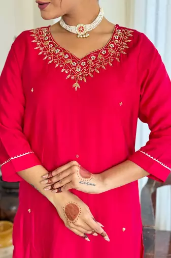  Viscose Embroidery work Straight Kurta with Pant and Dupatta Set