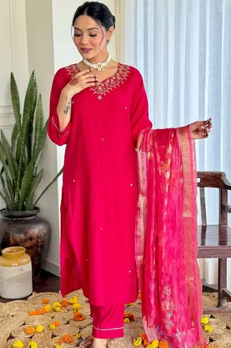  Viscose Embroidery work Straight Kurta with Pant and Dupatta Set
