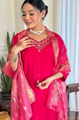  Viscose Embroidery work Straight Kurta with Pant and Dupatta Set